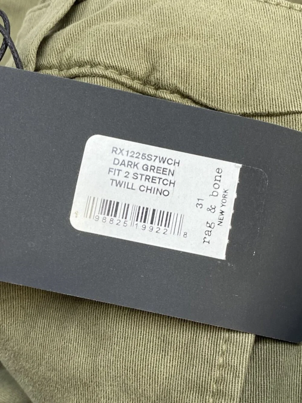 Rag & Bone Mens Pant Dark Green Size 31 Fit 2 Stretch Slim Cotton Twill Chino